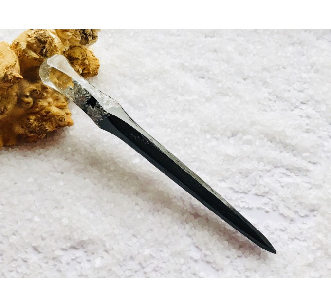 Wooden hair stick with black oak wood, clear resin and silver foil 