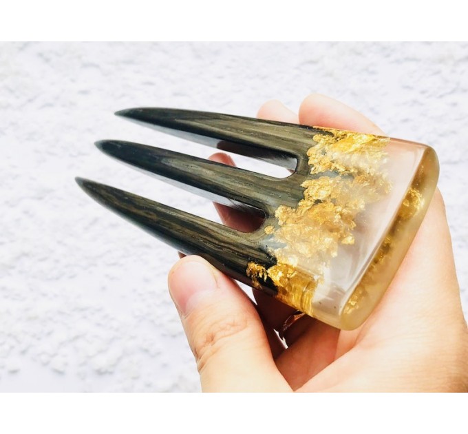 Wooden hair fork with black oak, resin topper and gold foil