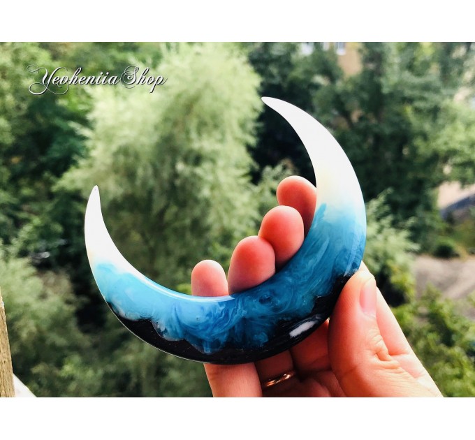 Crescent moon hair stick with black oak, blue and white resin