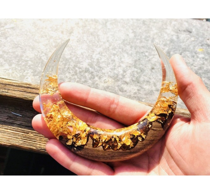 Crescent hair stick with oak wood, clear resin and gold foil