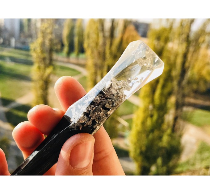 Wooden hair stick with black oak wood, clear resin and silver foil 