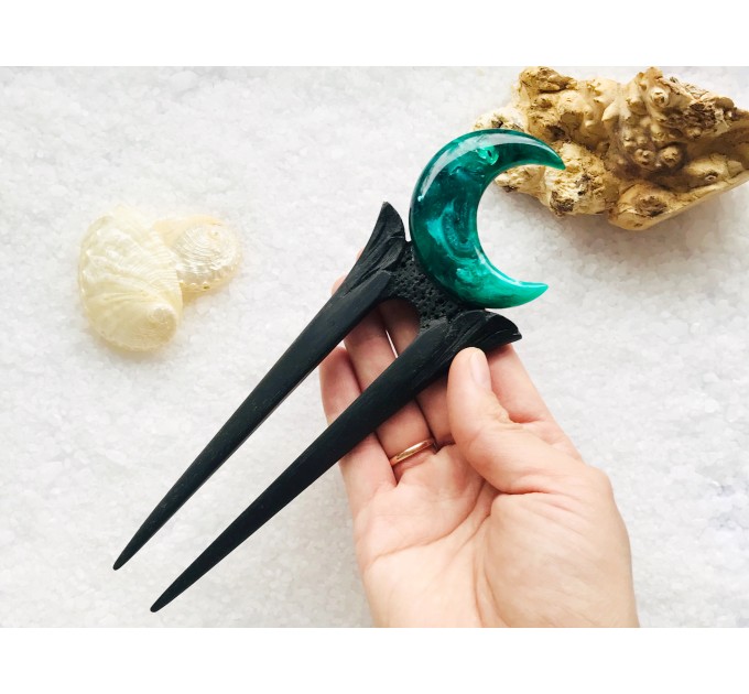 Crescent moon hair fork with black oak, green resin and silver foil, Forest Crescent