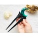 Crescent moon hair fork with black oak, green resin and silver foil, Forest Crescent