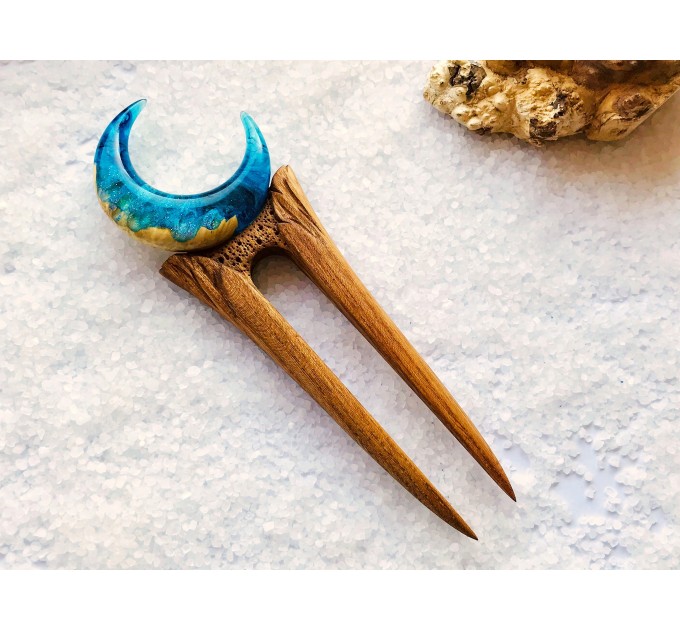 Wooden hair fork with Blue Crescent