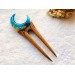 Wooden hair fork with Blue Crescent