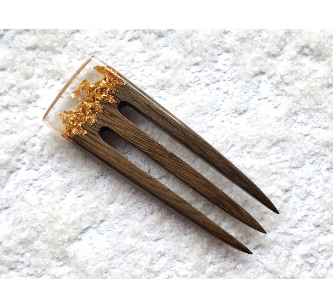 Wooden hair fork with oak, acrylic topper and gold foil