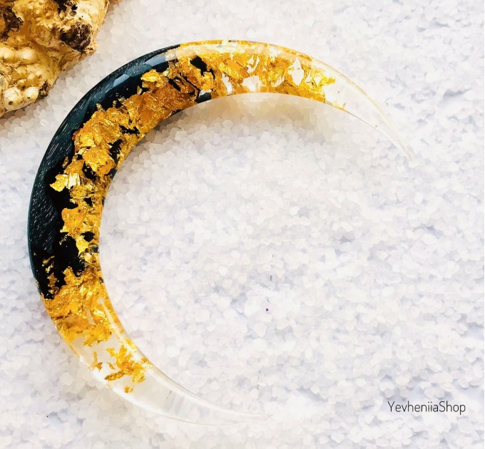 Crescent hair stick with black oak wood, clear resin and gold foil
