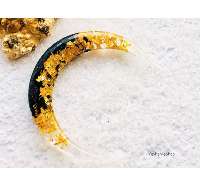 Crescent hair stick with black oak wood, clear resin and gold foil