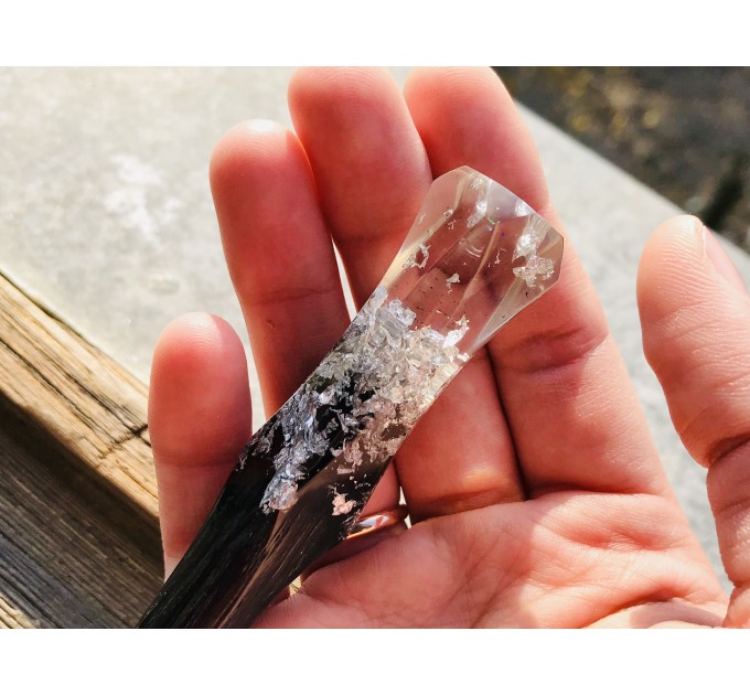 Wooden hair stick with black oak wood, clear resin and silver foil 