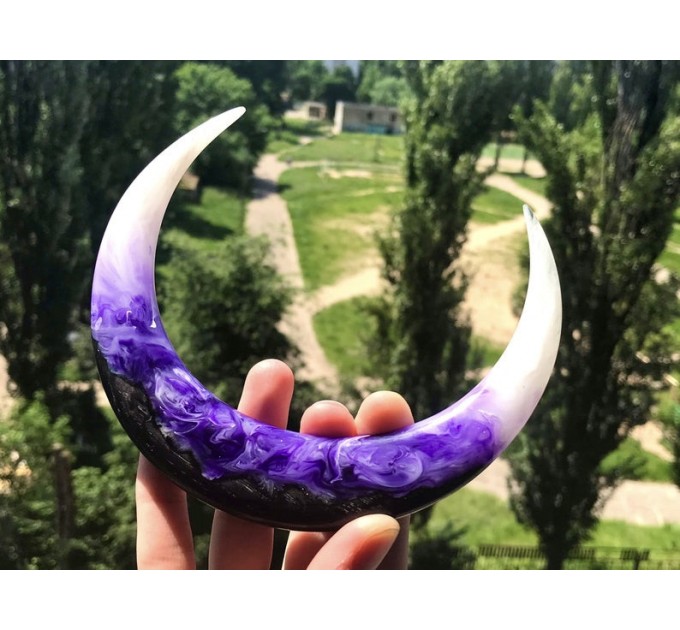 Crescent hair stick with black oak wood, white and purple resin