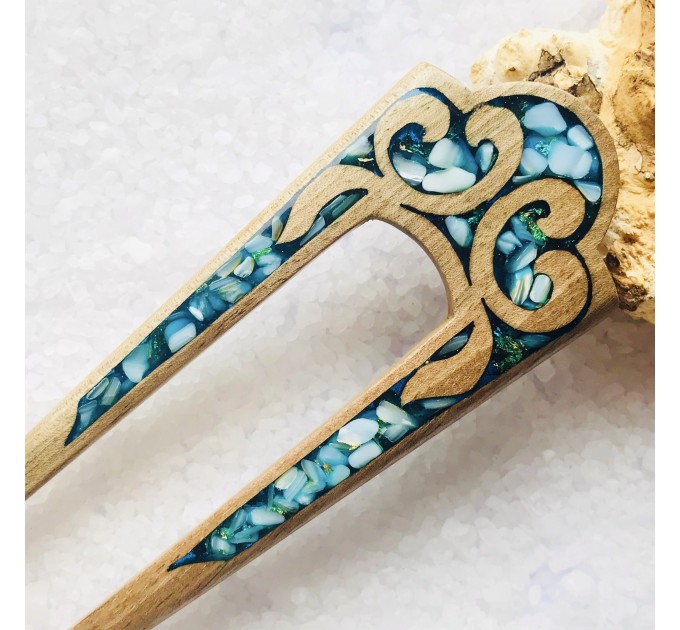 Wooden hair fork with blue stones