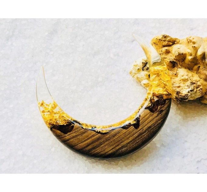 Crescent hair stick with oak wood, clear resin and gold foil