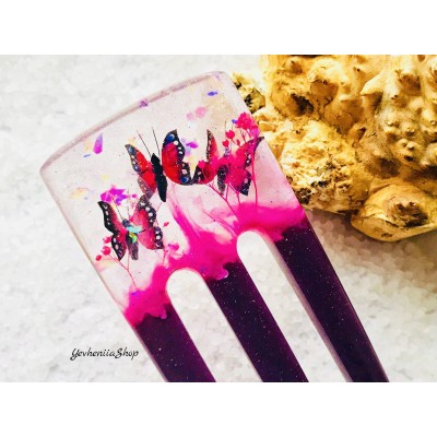 Purple resin hair fork butterflies