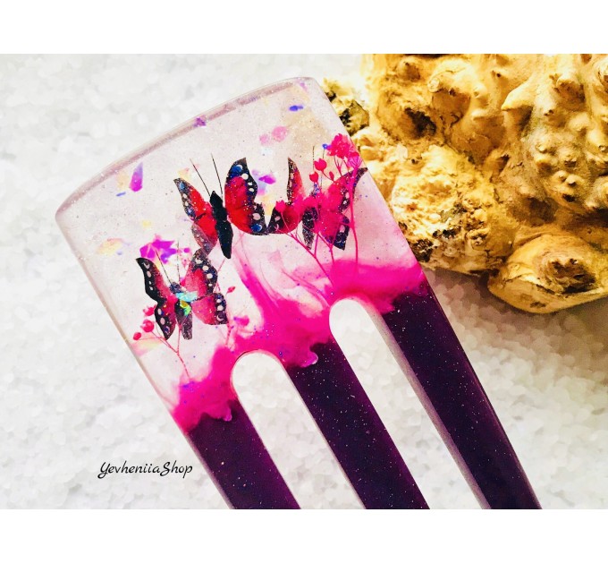 Purple resin hair fork with pink butterflies