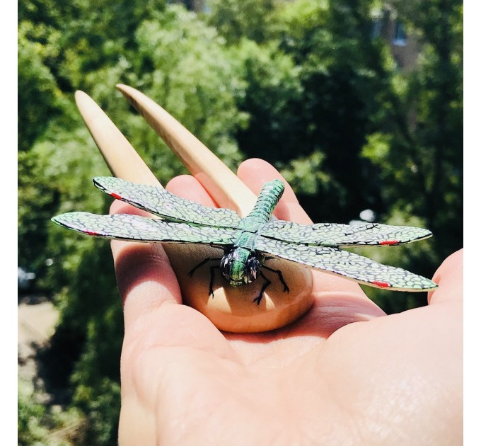 Carved wooden hair fork green Dragonfly