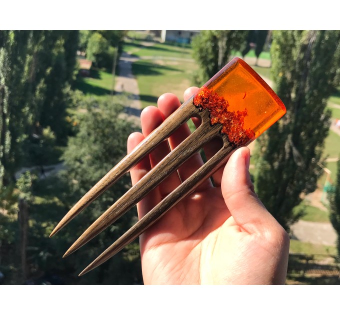 Hair fork with oak, orange resin topper and foil