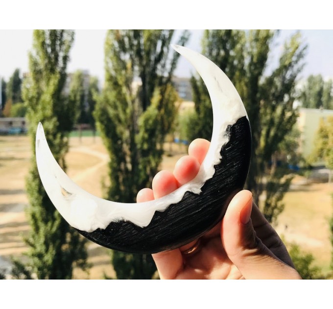 Crescent moon hair stick with black oak and white resin