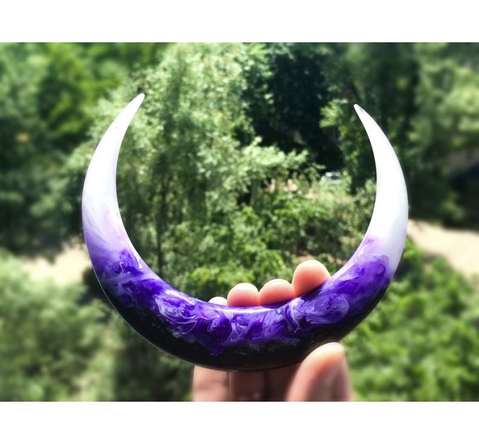 Crescent hair stick with black oak wood, white and purple resin