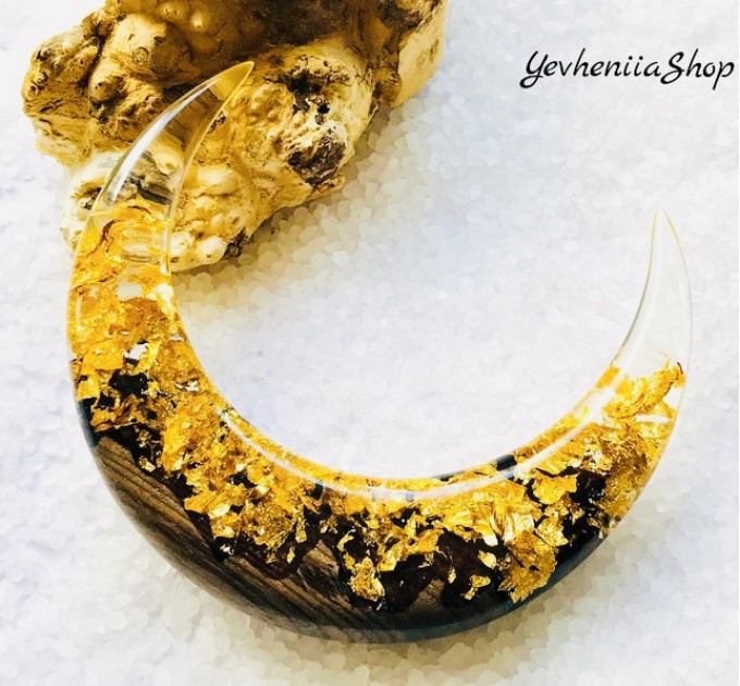 Crescent hair stick with oak wood, clear resin and gold foil
