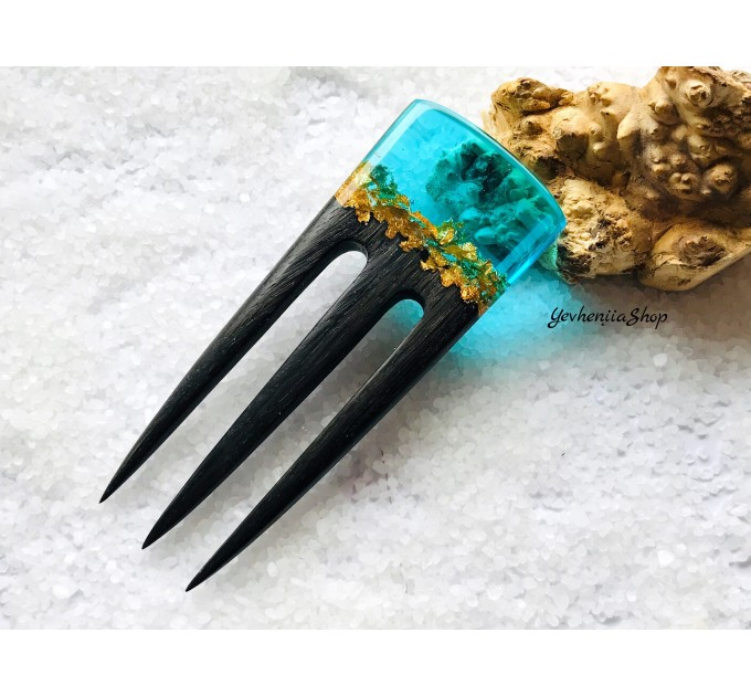 Hair fork, Wooden hair fork with blue resin and gold leaf