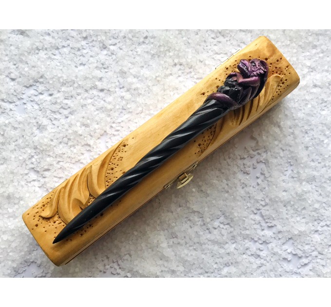 Hair stick with purple dragon, Hair accessories with dragon, wooden carved hair fork, bun holder, hair chopsticks, carved hair barrette