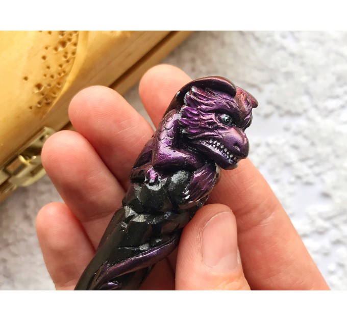 Hair stick with purple dragon, Hair accessories with dragon, wooden carved hair fork, bun holder, hair chopsticks, carved hair barrette