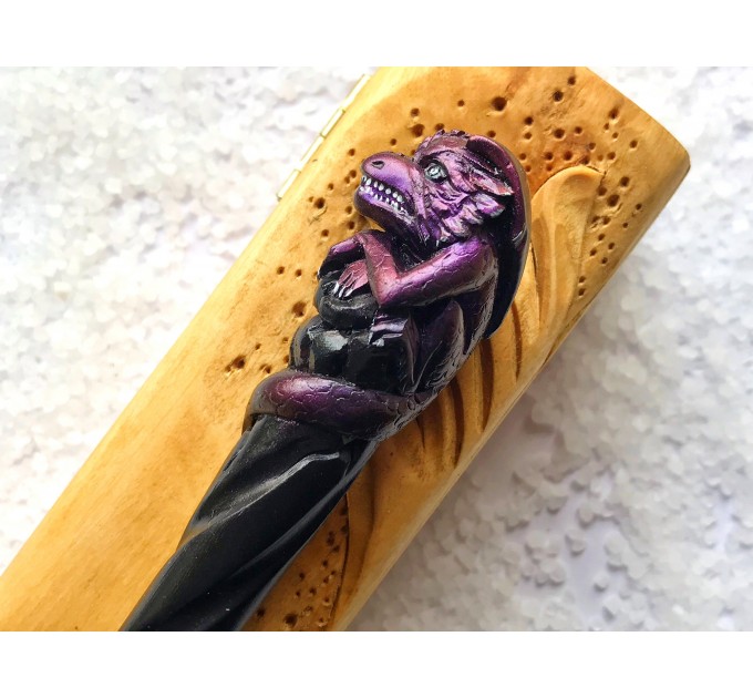 Hair stick with purple dragon, Hair accessories with dragon, wooden carved hair fork, bun holder, hair chopsticks, carved hair barrette