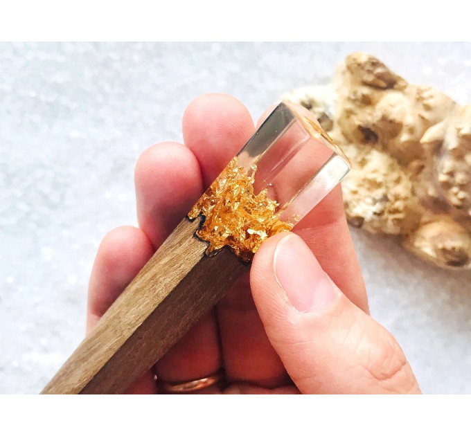 Hair stick, Wooden hair stick with crystal resin and gold leaf, Hair accessories for women, Bun holder, Hair slide, Womens gift