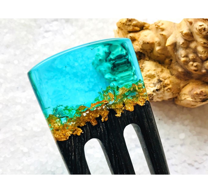 Hair fork, Wooden hair fork with blue resin and gold leaf, Hair accessories for women, Bun holder, Hair slide, Womens gift