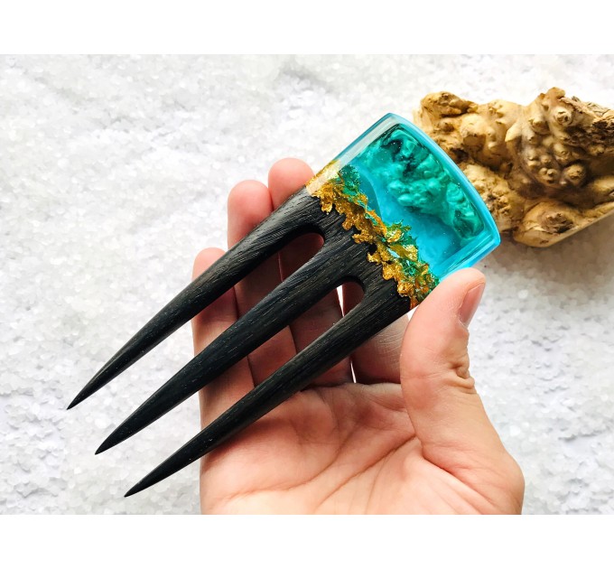 Hair fork, Wooden hair fork with blue resin and gold leaf, Hair accessories for women, Bun holder, Hair slide, Womens gift