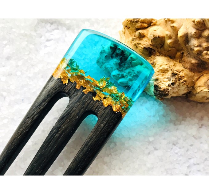 Hair fork, Wooden hair fork with blue resin and gold leaf, Hair accessories for women, Bun holder, Hair slide, Womens gift