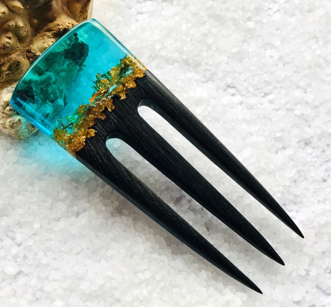 Hair fork, Wooden hair fork with blue resin and gold leaf, Hair accessories for women, Bun holder, Hair slide, Womens gift