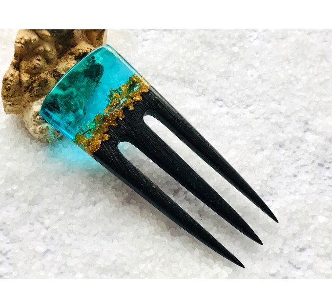 Hair fork, Wooden hair fork with blue resin and gold leaf, Hair accessories for women, Bun holder, Hair slide, Womens gift