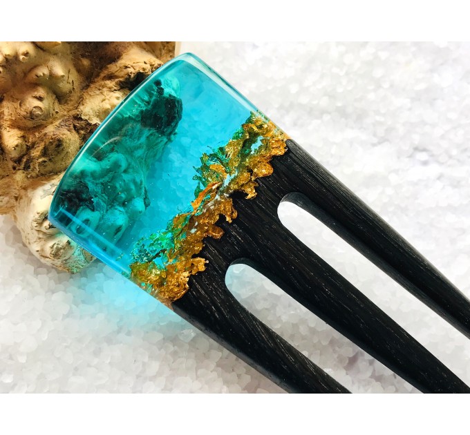 Hair fork, Wooden hair fork with blue resin and gold leaf, Hair accessories for women, Bun holder, Hair slide, Womens gift