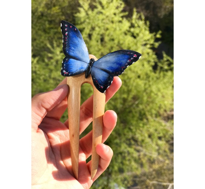 Carved wood hair fork blue butterfly