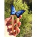 Carved wood hair fork blue butterfly