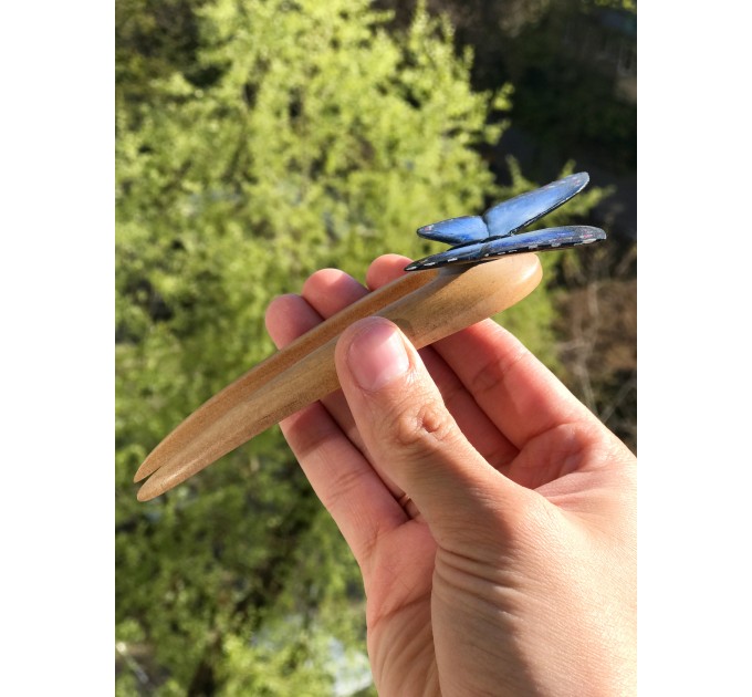 Carved wood hair fork blue butterfly