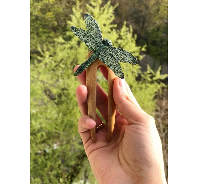 Carved wooden hair fork green Dragonfly