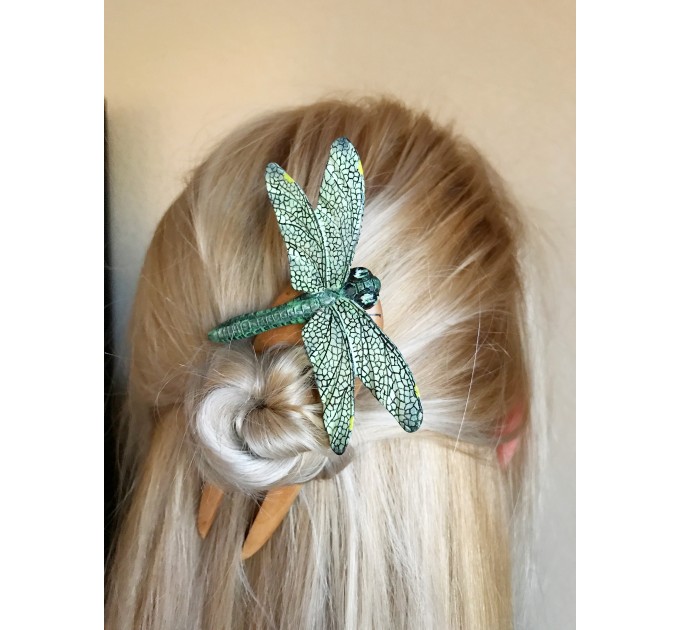 Carved wooden hair fork green Dragonfly