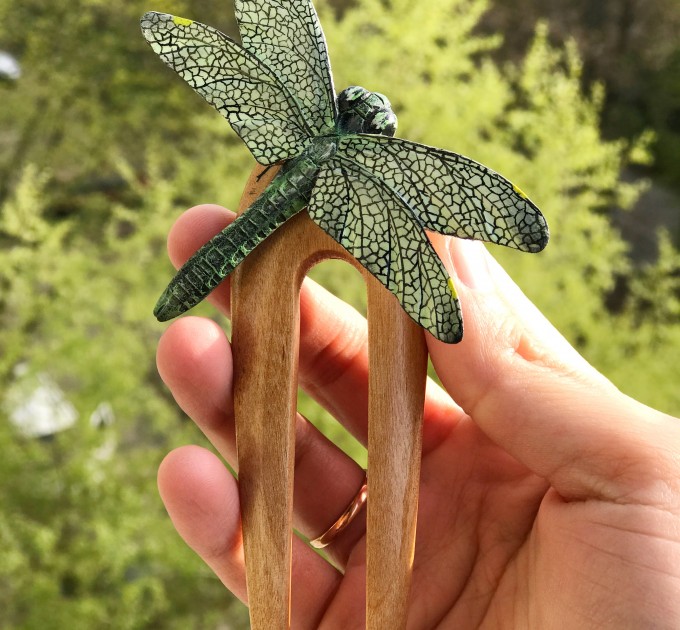 Carved wooden hair fork green Dragonfly