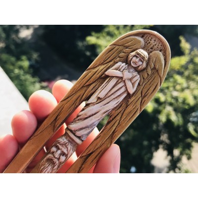 Carved wooden hair fork Gold Angel