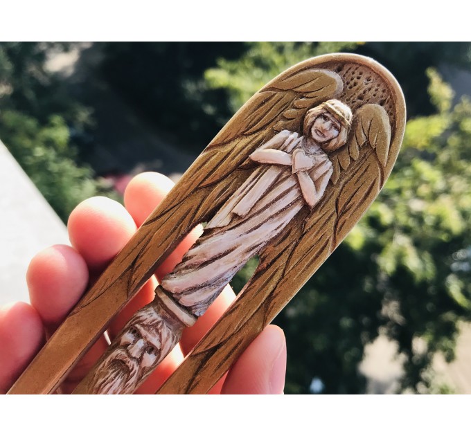 Carved wooden hair fork with Gold Angel