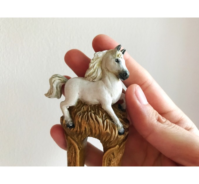 Carved wooden hair fork with white horse