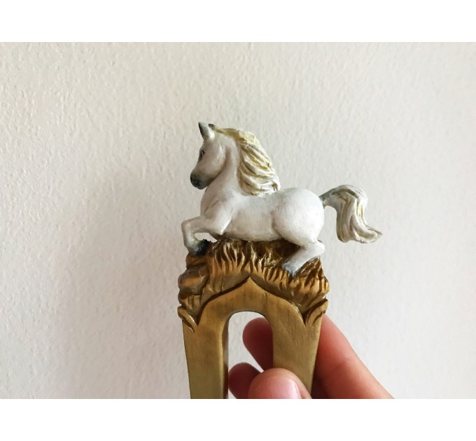 Carved wooden hair fork with white horse