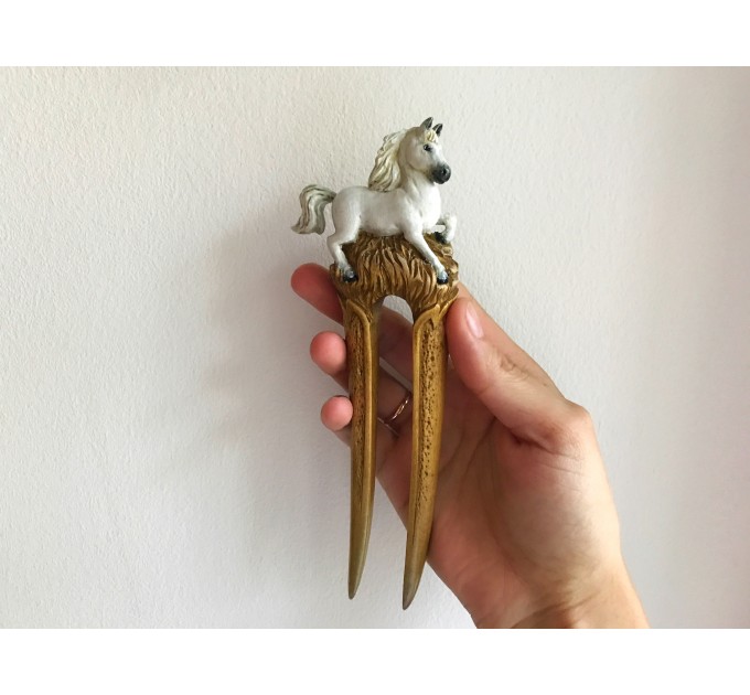 Carved wooden hair fork with white horse