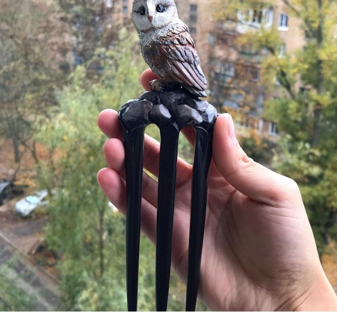 Carved wooden hair fork with Owl, Forest bird Stick