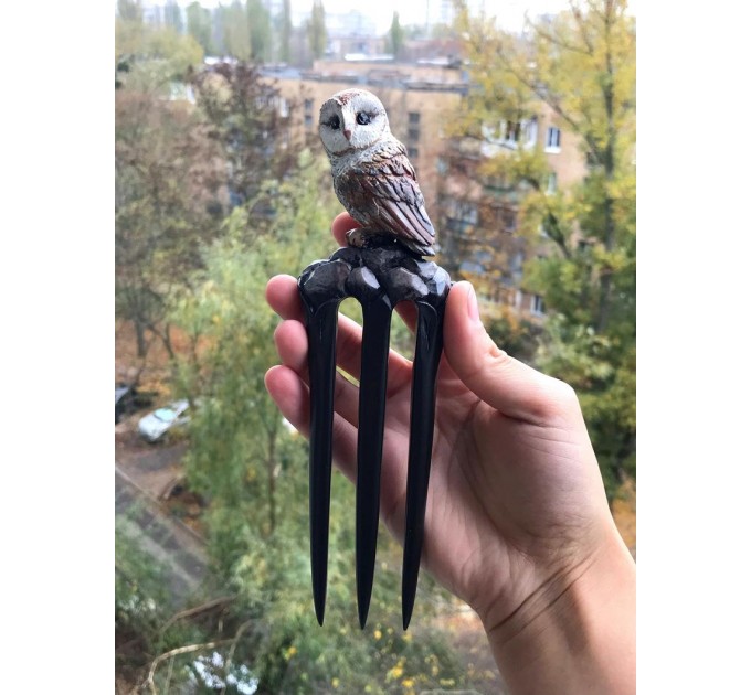 Carved wooden hair fork with Owl, Forest bird Stick