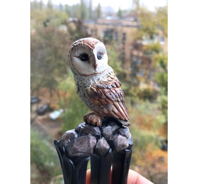 Carved wooden hair fork with Owl, Forest bird Stick