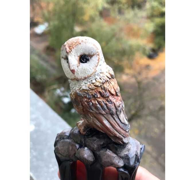 Carved wooden hair fork with Owl, Forest bird Stick