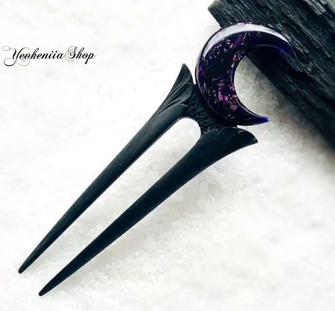 Wooden hair fork with purple crescent 